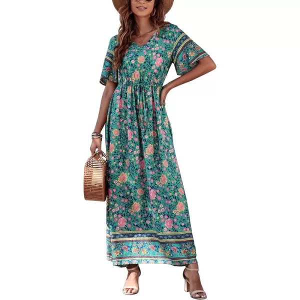 GRECERELLE Women Boho Summer Floral Print Loose Casual Dress V Neck Short Sleeve Drawstring Waist Flowy Long Maxi Dresses
