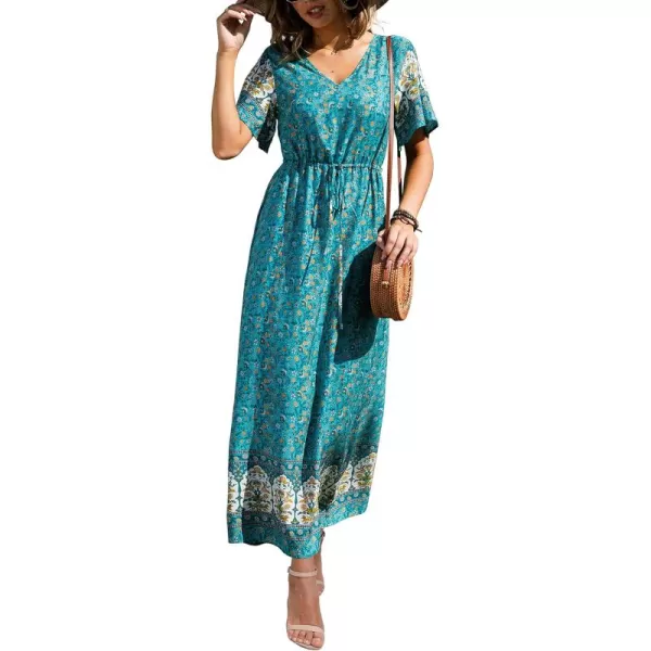GRECERELLE Women Boho Summer Floral Print Loose Casual Dress V Neck Short Sleeve Drawstring Waist Flowy Long Maxi Dresses