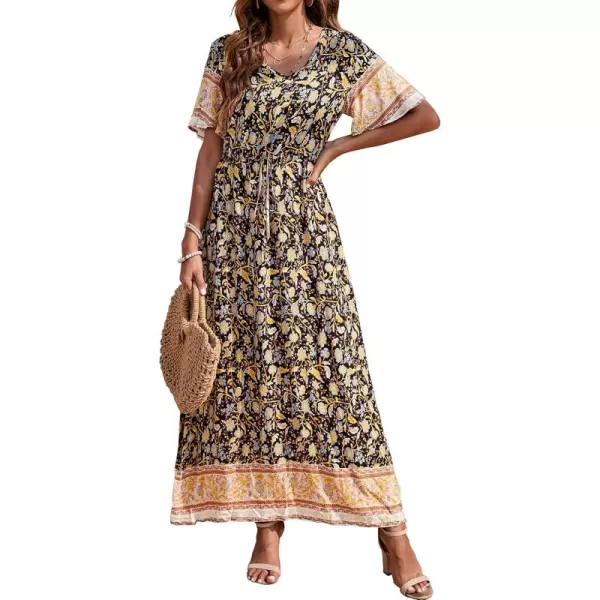GRECERELLE Women Boho Summer Floral Print Loose Casual Dress V Neck Short Sleeve Drawstring Waist Flowy Long Maxi Dresses