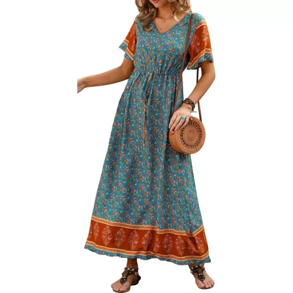 GRECERELLE Women Boho Summer Floral Print Loose Casual Dress V Neck Short Sleeve Drawstring Waist Flowy Long Maxi Dresses