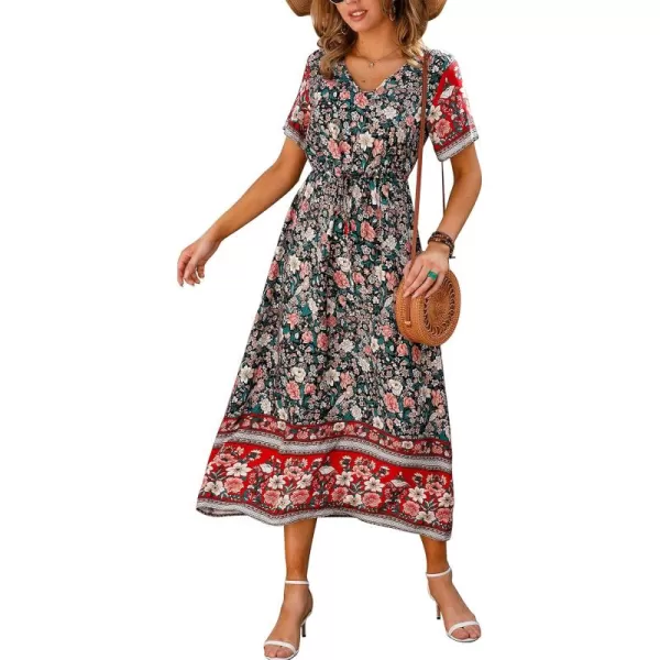 GRECERELLE Women Boho Summer Floral Print Loose Casual Dress V Neck Short Sleeve Drawstring Waist Flowy Long Maxi Dresses
