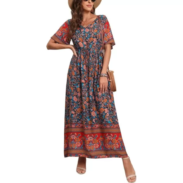 GRECERELLE Women Boho Summer Floral Print Loose Casual Dress V Neck Short Sleeve Drawstring Waist Flowy Long Maxi Dresses