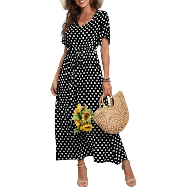 GRECERELLE Women Boho Summer Floral Print Loose Casual Dress V Neck Short Sleeve Drawstring Waist Flowy Long Maxi Dresses