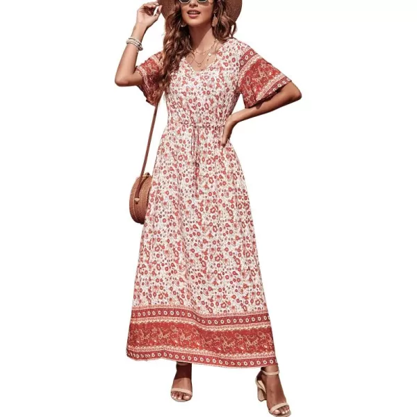 GRECERELLE Women Boho Summer Floral Print Loose Casual Dress V Neck Short Sleeve Drawstring Waist Flowy Long Maxi Dresses
