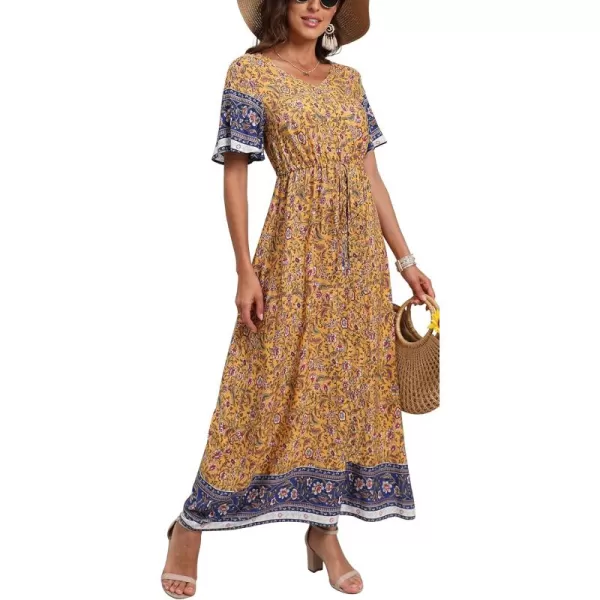 GRECERELLE Women Boho Summer Floral Print Loose Casual Dress V Neck Short Sleeve Drawstring Waist Flowy Long Maxi Dresses