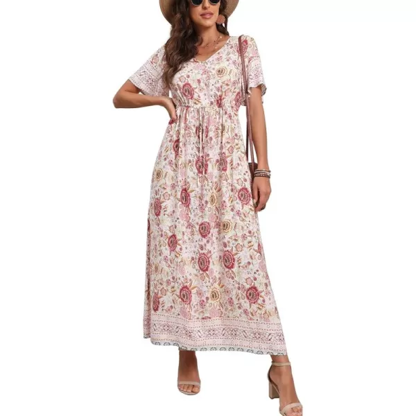 GRECERELLE Women Boho Summer Floral Print Loose Casual Dress V Neck Short Sleeve Drawstring Waist Flowy Long Maxi Dresses
