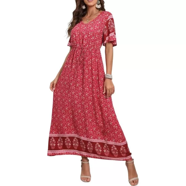 GRECERELLE Women Boho Summer Floral Print Loose Casual Dress V Neck Short Sleeve Drawstring Waist Flowy Long Maxi Dresses