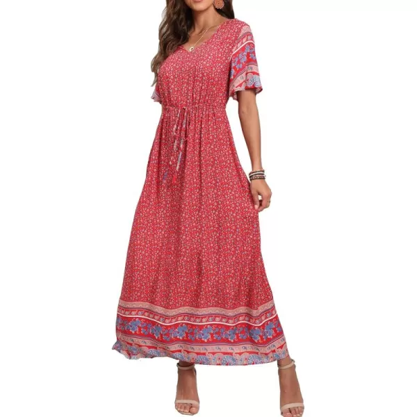 GRECERELLE Women Boho Summer Floral Print Loose Casual Dress V Neck Short Sleeve Drawstring Waist Flowy Long Maxi Dresses