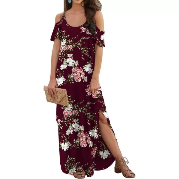 GRECERELLE Women Summer Maxi Dresses Casual Loose Strapless Strap Cold Shoulder Short Sleeve Split Long Dress with Pocket