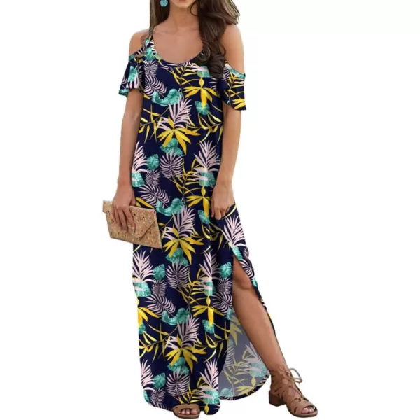 GRECERELLE Women Summer Maxi Dresses Casual Loose Strapless Strap Cold Shoulder Short Sleeve Split Long Dress with Pocket
