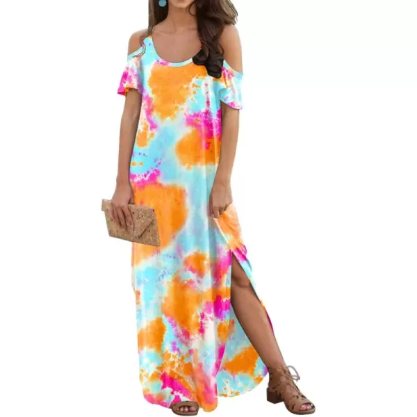 GRECERELLE Women Summer Maxi Dresses Casual Loose Strapless Strap Cold Shoulder Short Sleeve Split Long Dress with Pocket