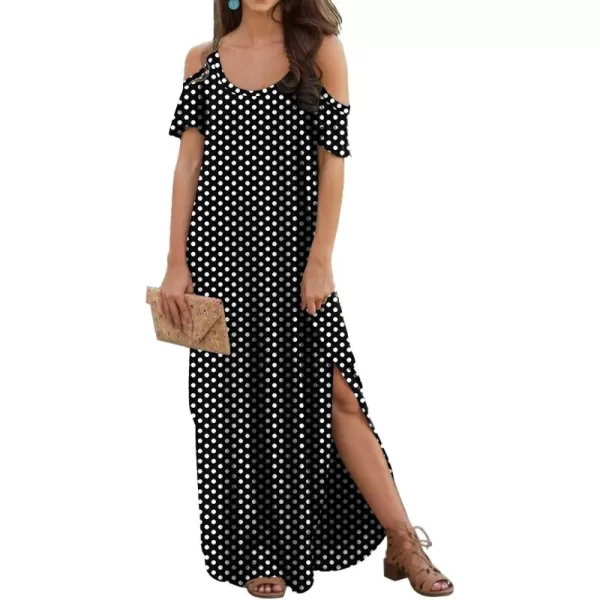 GRECERELLE Women Summer Maxi Dresses Casual Loose Strapless Strap Cold Shoulder Short Sleeve Split Long Dress with Pocket