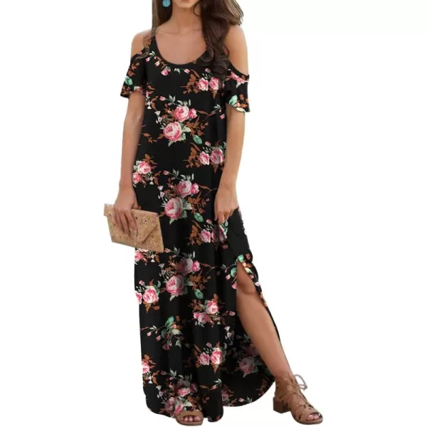 GRECERELLE Women Summer Maxi Dresses Casual Loose Strapless Strap Cold Shoulder Short Sleeve Split Long Dress with Pocket