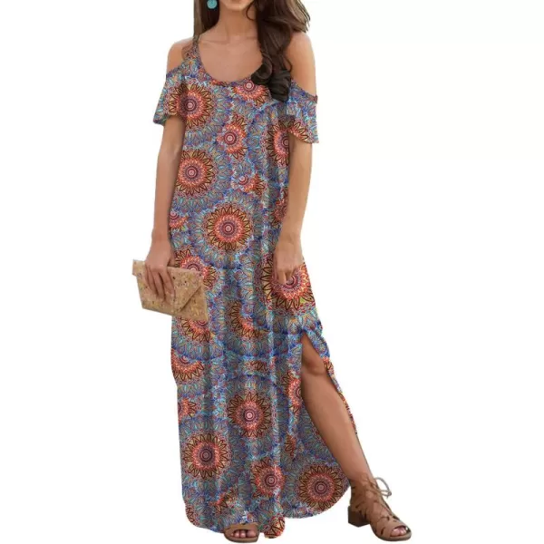 GRECERELLE Women Summer Maxi Dresses Casual Loose Strapless Strap Cold Shoulder Short Sleeve Split Long Dress with Pocket