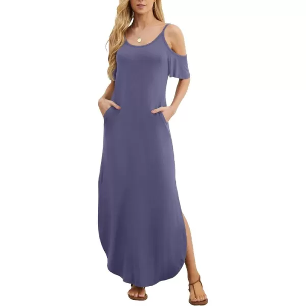 GRECERELLE Women Summer Maxi Dresses Casual Loose Strapless Strap Cold Shoulder Short Sleeve Split Long Dress with Pocket