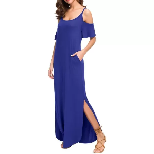 GRECERELLE Women Summer Maxi Dresses Casual Loose Strapless Strap Cold Shoulder Short Sleeve Split Long Dress with Pocket