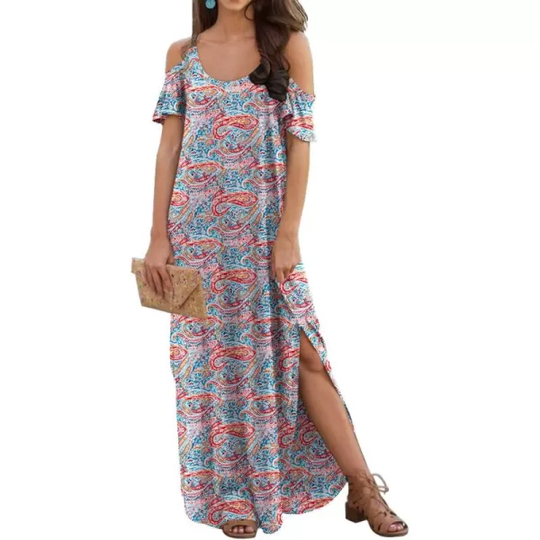 GRECERELLE Women Summer Maxi Dresses Casual Loose Strapless Strap Cold Shoulder Short Sleeve Split Long Dress with Pocket