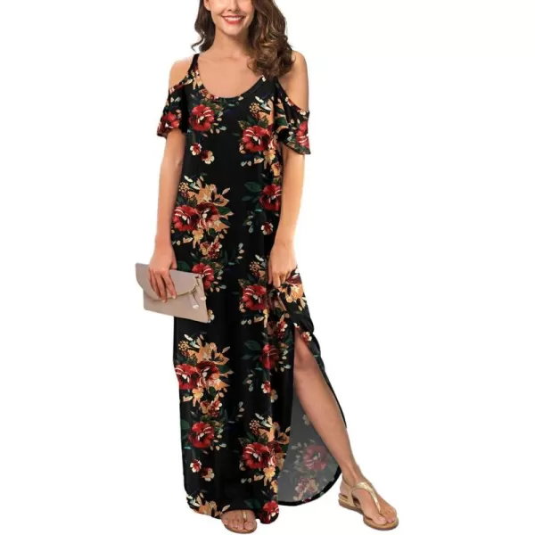 GRECERELLE Women Summer Maxi Dresses Casual Loose Strapless Strap Cold Shoulder Short Sleeve Split Long Dress with Pocket
