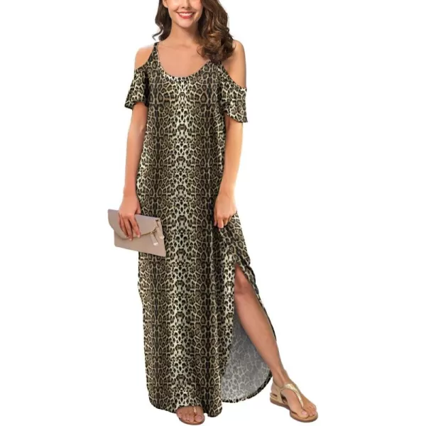 GRECERELLE Women Summer Maxi Dresses Casual Loose Strapless Strap Cold Shoulder Short Sleeve Split Long Dress with Pocket
