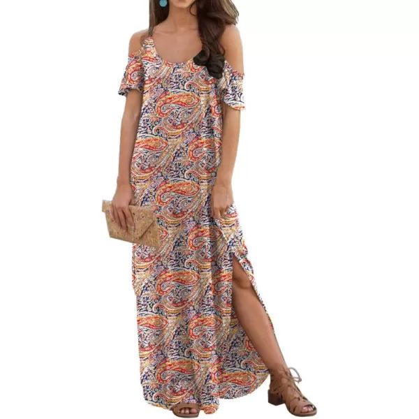GRECERELLE Women Summer Maxi Dresses Casual Loose Strapless Strap Cold Shoulder Short Sleeve Split Long Dress with Pocket
