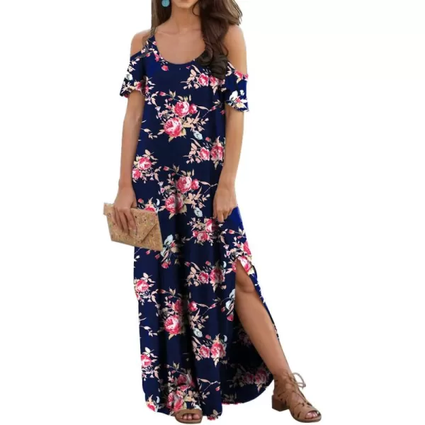 GRECERELLE Women Summer Maxi Dresses Casual Loose Strapless Strap Cold Shoulder Short Sleeve Split Long Dress with Pocket