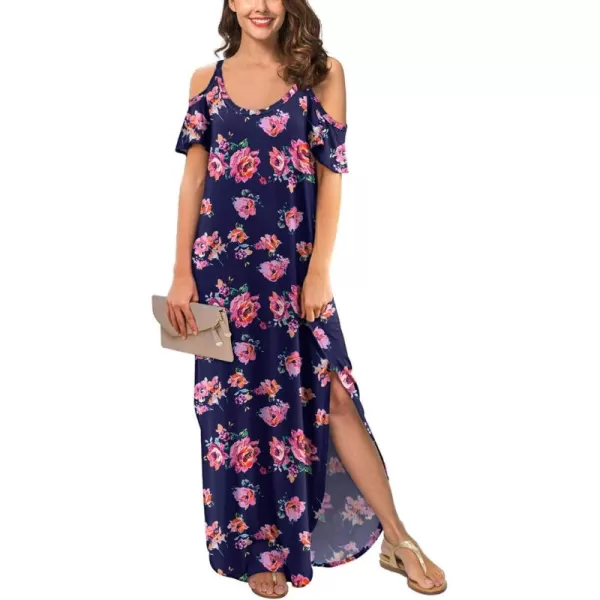 GRECERELLE Women Summer Maxi Dresses Casual Loose Strapless Strap Cold Shoulder Short Sleeve Split Long Dress with Pocket