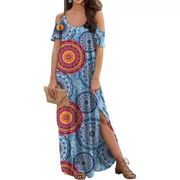GRECERELLE Women Summer Maxi Dresses Casual Loose Strapless Strap Cold Shoulder Short Sleeve Split Long Dress with Pocket