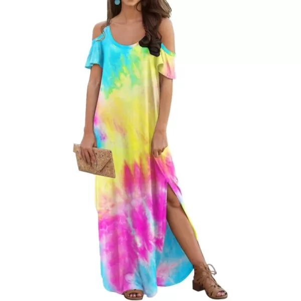GRECERELLE Women Summer Maxi Dresses Casual Loose Strapless Strap Cold Shoulder Short Sleeve Split Long Dress with Pocket