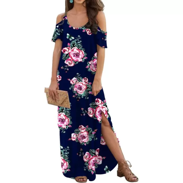 GRECERELLE Women Summer Maxi Dresses Casual Loose Strapless Strap Cold Shoulder Short Sleeve Split Long Dress with Pocket