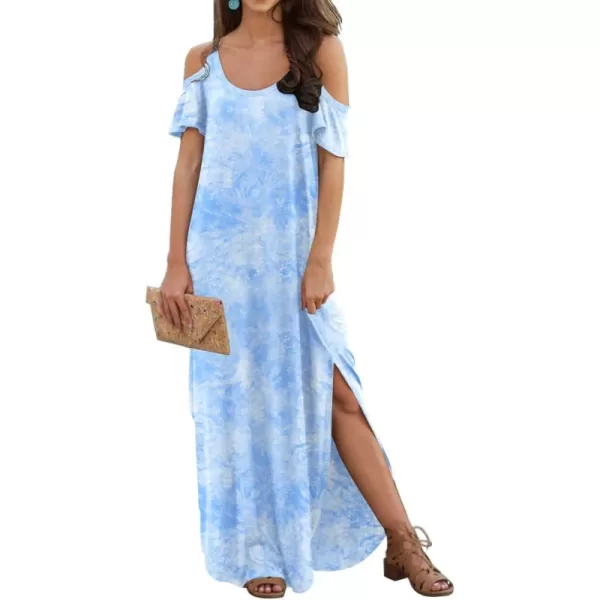 GRECERELLE Women Summer Maxi Dresses Casual Loose Strapless Strap Cold Shoulder Short Sleeve Split Long Dress with Pocket