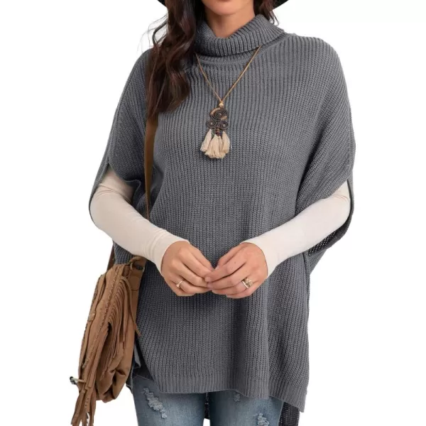GRECERELLE Women Turtleneck Oversized Knit Batwing Sleeveless Loose High Low Hem Side Slit Pullover Sweater