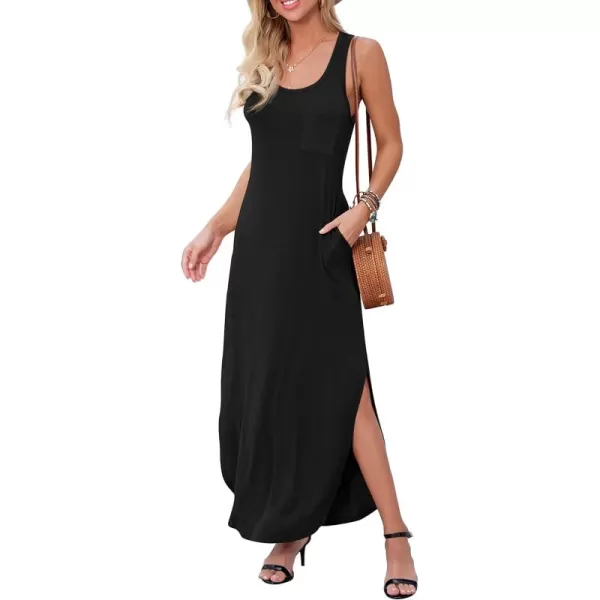 GRECERELLE Women's Casual Fit Long Dress Sleeveless Racerback Split Fashion Maxi Dresses with Pocket Balck-Large
