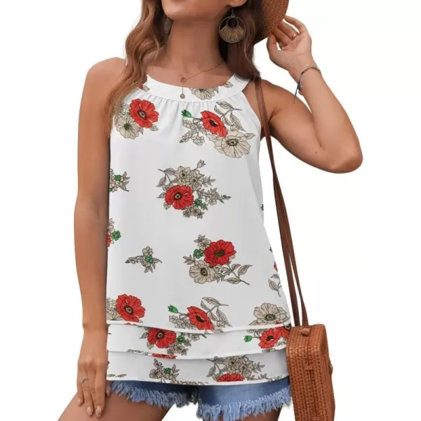 GRECERELLE Womens Halter Tops Casual Sleeveless Tank Tops Pleated Chiffon Vest Shirts Round Neckline Fashion Layered Blouse