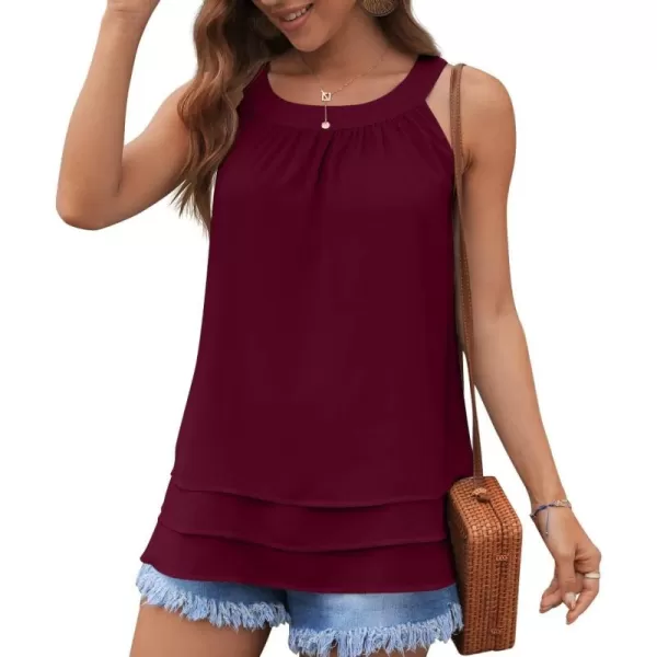 GRECERELLE Womens Halter Tops Casual Sleeveless Tank Tops Pleated Chiffon Vest Shirts Round Neckline Fashion Layered Blouse