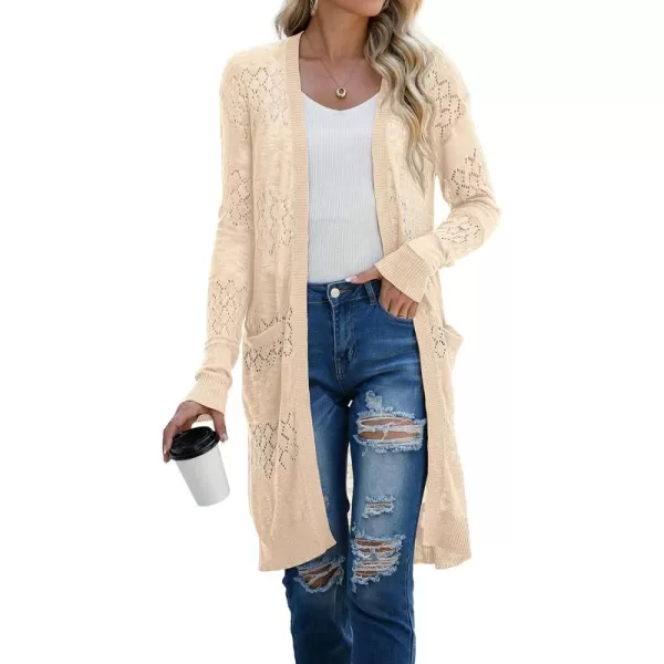 GRECERELLE Womens Lightweight Longer Length Cardigan Long Sleeve Casual Crochet Open-Front Sweater with Pockets
