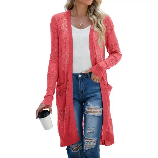 GRECERELLE Womens Lightweight Longer Length Cardigan Long Sleeve Casual Crochet Open-Front Sweater with Pockets