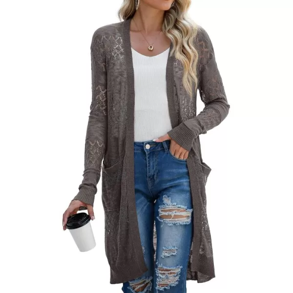 GRECERELLE Womens Lightweight Longer Length Cardigan Long Sleeve Casual Crochet Open-Front Sweater with Pockets