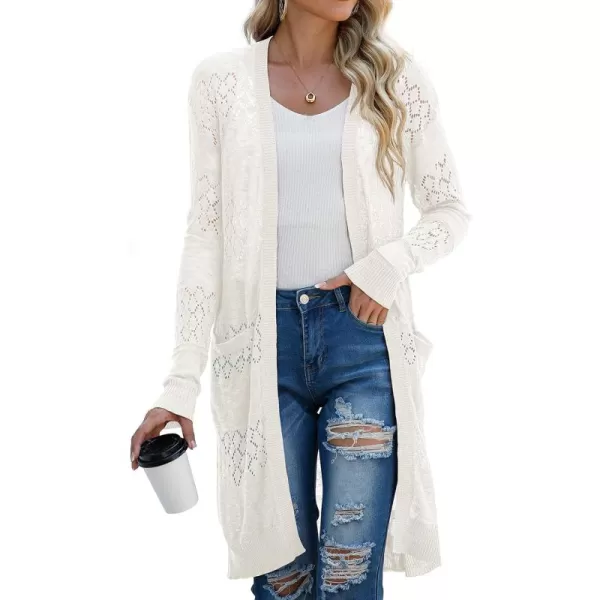 GRECERELLE Womens Lightweight Longer Length Cardigan Long Sleeve Casual Crochet Open-Front Sweater with Pockets