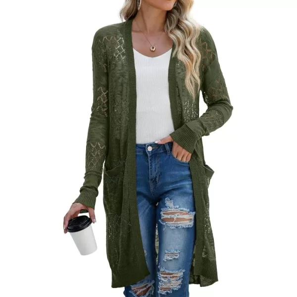 GRECERELLE Womens Lightweight Longer Length Cardigan Long Sleeve Casual Crochet Open-Front Sweater with Pockets