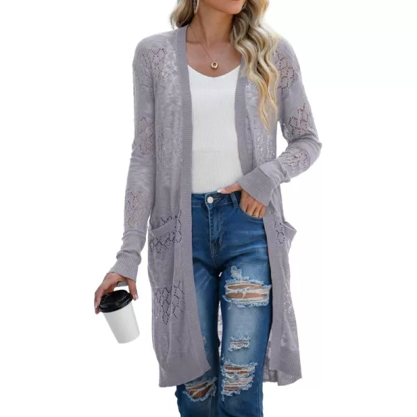 GRECERELLE Womens Lightweight Longer Length Cardigan Long Sleeve Casual Crochet Open-Front Sweater with Pockets