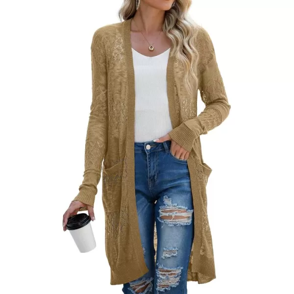 GRECERELLE Womens Lightweight Longer Length Cardigan Long Sleeve Casual Crochet Open-Front Sweater with Pockets