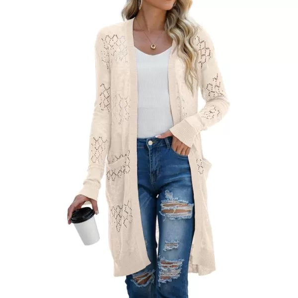 GRECERELLE Womens Lightweight Longer Length Cardigan Long Sleeve Casual Crochet Open-Front Sweater with Pockets