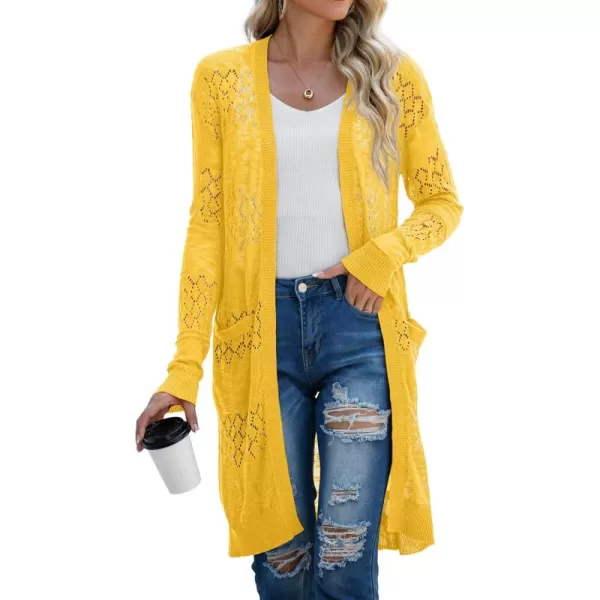 GRECERELLE Womens Lightweight Longer Length Cardigan Long Sleeve Casual Crochet Open-Front Sweater with Pockets