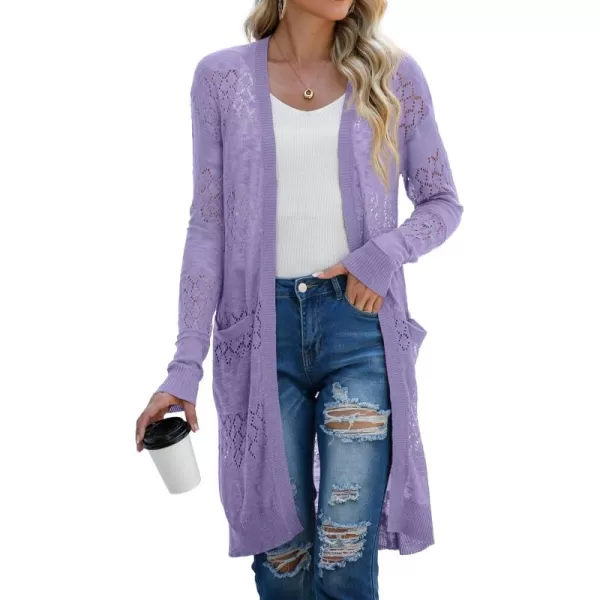 GRECERELLE Womens Lightweight Longer Length Cardigan Long Sleeve Casual Crochet Open-Front Sweater with Pockets