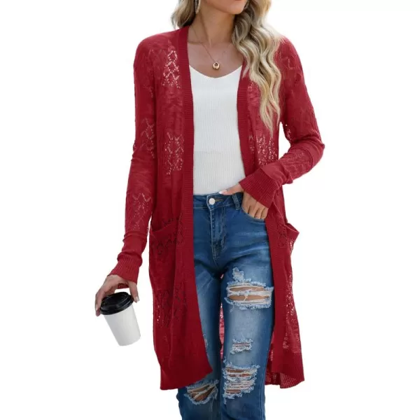 GRECERELLE Womens Lightweight Longer Length Cardigan Long Sleeve Casual Crochet Open-Front Sweater with Pockets