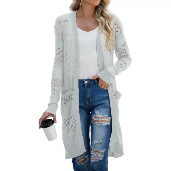 GRECERELLE Womens Lightweight Longer Length Cardigan Long Sleeve Casual Crochet Open-Front Sweater with Pockets