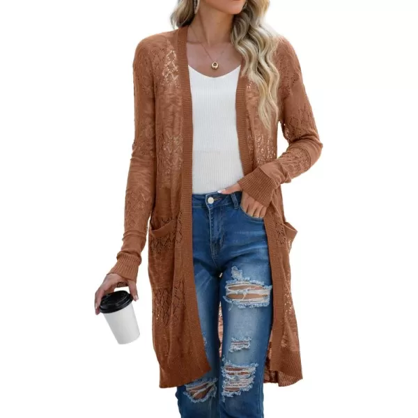 GRECERELLE Womens Lightweight Longer Length Cardigan Long Sleeve Casual Crochet Open-Front Sweater with Pockets