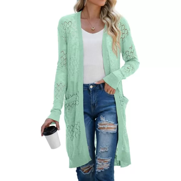 GRECERELLE Womens Lightweight Longer Length Cardigan Long Sleeve Casual Crochet Open-Front Sweater with Pockets