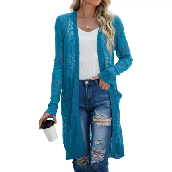 GRECERELLE Womens Lightweight Longer Length Cardigan Long Sleeve Casual Crochet Open-Front Sweater with Pockets