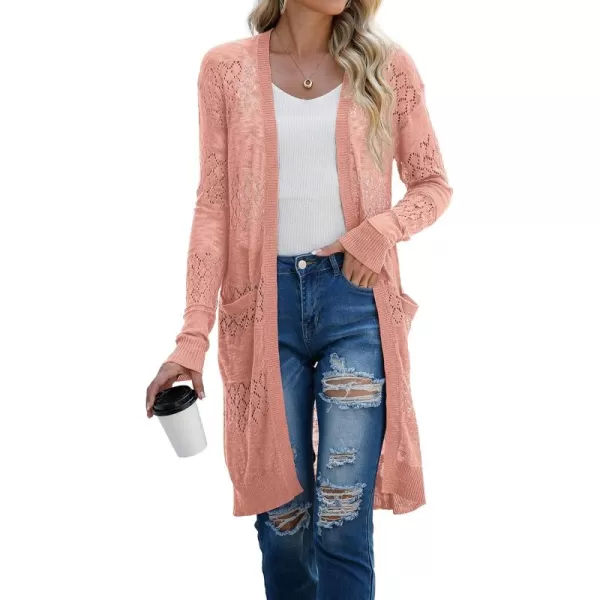 GRECERELLE Womens Lightweight Longer Length Cardigan Long Sleeve Casual Crochet Open-Front Sweater with Pockets